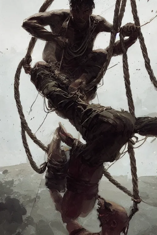 Prompt: “ gilliver ’ s travels ” man tied down by ropes, by greg rutkowski, artgerm, craig mullins, alan lee