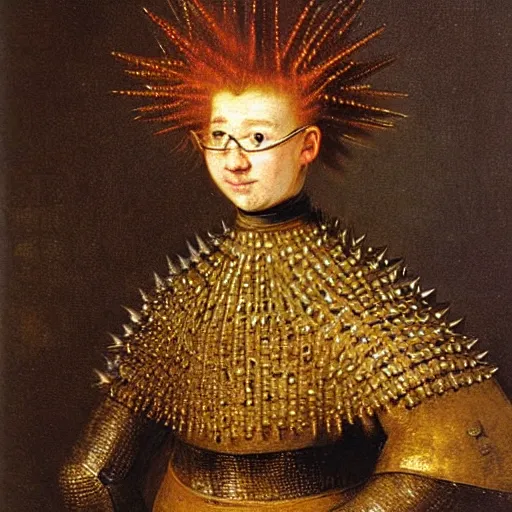 Prompt: teen knight in armor with spikes. Her head is shaved. She has a Mohawk hairstyle. Her skin is green. She has round glasses. Oil painting by rembrandt