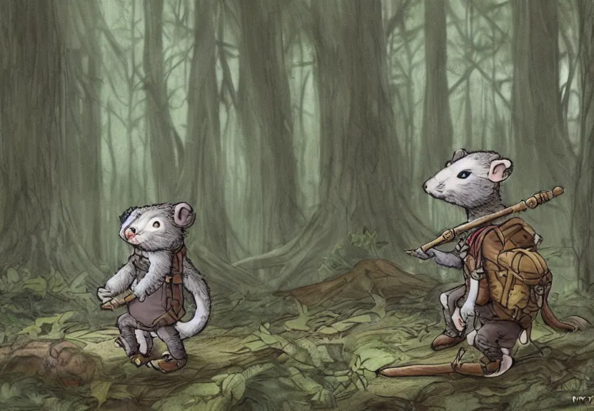 Image similar to possum dressed as an adventurer, hidden in the forest, colorized, highly detailed, 4k, trending on Artstation, award-winning, art by Maurice Sendak