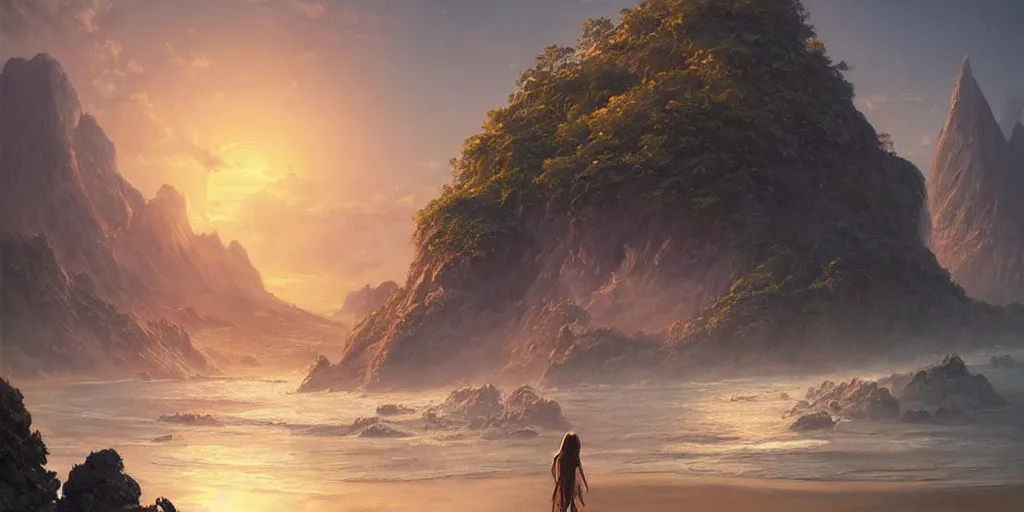 Image similar to beautiful hyper realistic island scenery at sunset, sand, tropical plants, albumcover, beautiful painting by greg rutkowski, ross tran, wlop, set in lord of the rings, starcraft, atmosphere, ethereal, magic, amazing, positive vibes