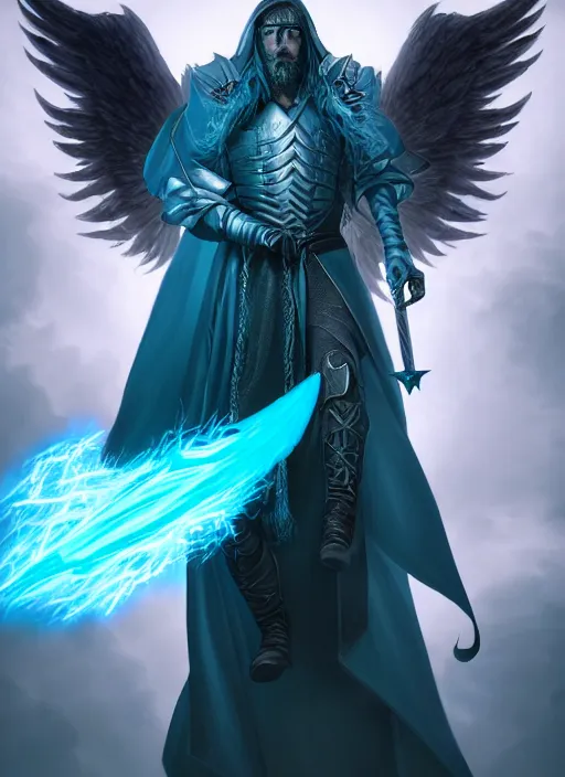 Prompt: An striking epic realism comic book style portrait painting of an aasimar hexblade warlock, teal electricity, male, massive angel wings, silver hair, short scruffy beard, cloak, D&D Concept Art, unreal 5, DAZ, hyperrealistic, octane render, cosplay, RPG portrait, dynamic lighting