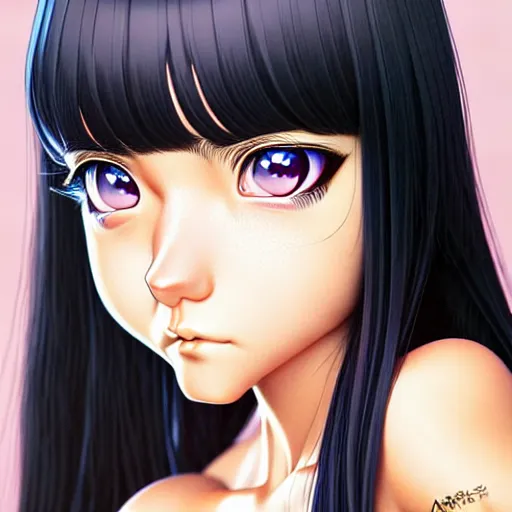 Image similar to depicting an extreme close up face of a dainty young mischievous female stoner prep highschool school student with medium length silky straight iridescent black hair and lightly suntanned skin, illustrated by Artgerm and Range Murata.