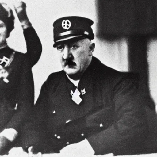 Image similar to Adolf Hitler's mom is holding his ears as a punishment