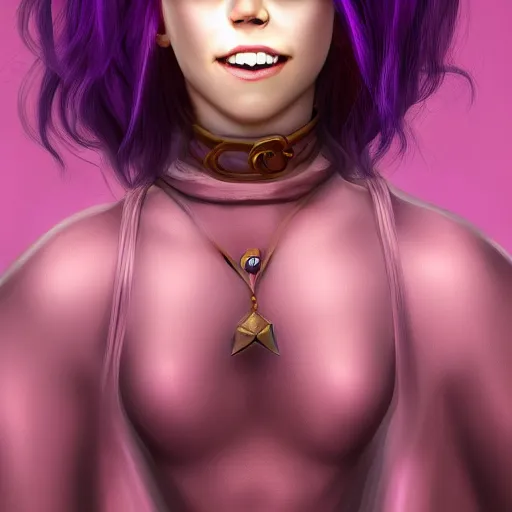 Image similar to Purple skinned Kristen Stewart as a smiling Elf wizard smooth purple skin!, + purple skin Photorealistic digital art trending on artstation, artgem, 4k HD.