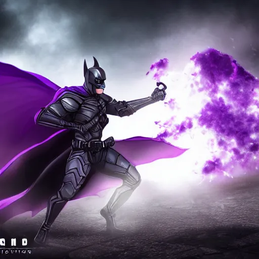 Image similar to character design, dark knight, purple lightning, purple mist, scary, photorealistic, unreal engine, ominous background-H 768