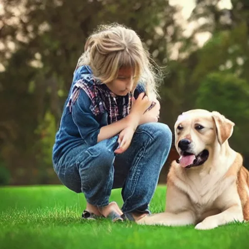 Prompt: a beautiful girl playing with you her giant dog