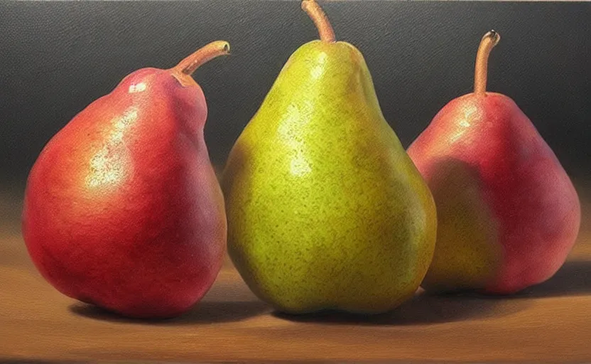 Image similar to a hyper-realistic oil painting of a pear; hyper-detailed; an extraordinary masterpiece!!!; flawless; trending on artstation