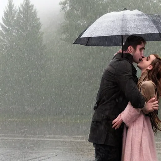 Prompt: still of emma watson kissing dean in the rain in supernatural