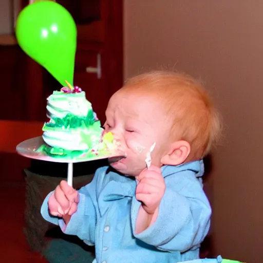 Prompt: (baby yoda) smashing birthday cake into his face, happy birthday, happy birthday candles, mischievous, inquisitive, devious, hilarious, funny, birthday wrapped PRESENTS, by Erin Hanson