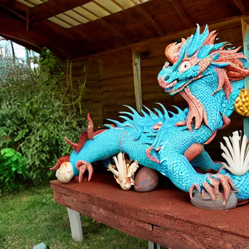 Prompt: Dragon made of clay and seashells on display in the back of the red schoolboys garden shed in the disco center for the mentally disabled in Connecticut.