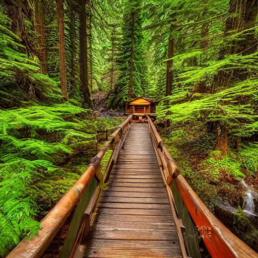 Prompt: Lodge in the Pacific Northwest forest, creek, wooden bridge, waterfall, hdr photo, award winning photo, ultrawide