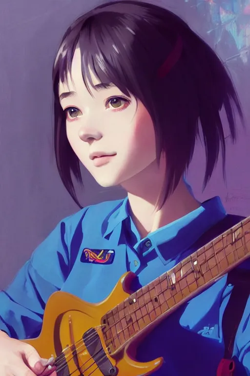 Image similar to a cute girl wearing school uniform playing electric guitar | | really good looking face!!, realistic shaded perfect face, fine details, anime, realistic shaded lighting poster by ilya kuvshinov katsuhiro otomo ghost - in - the - shell, magali villeneuve, artgerm, jeremy lipkin and michael garmash and rob reyt