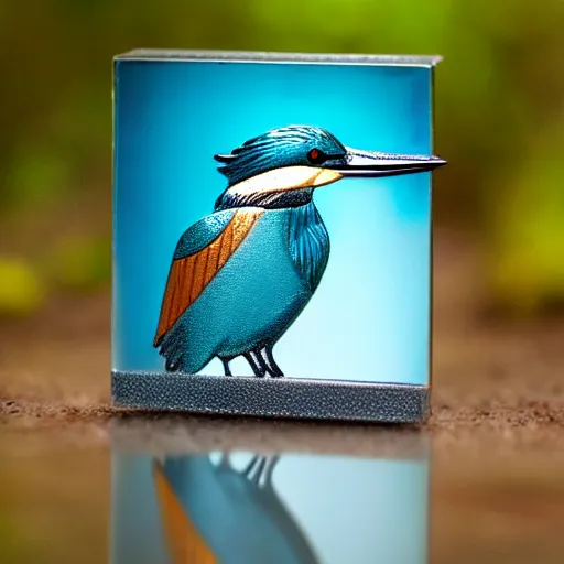 Image similar to a real life kingfisher made out of reflective crystal and very reflective polished metal, in the background is a forest, product photography