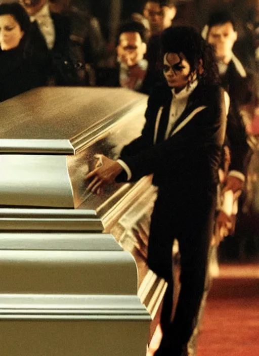 Image similar to photo still of michael jackson unconscious inside a coffin, full-shot, 4k