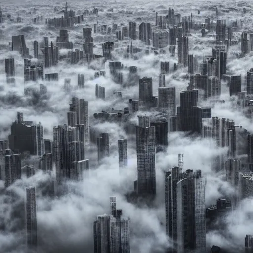 Prompt: surreal brutalist cityscape emerges from clouds below, moody, vast, uncaring