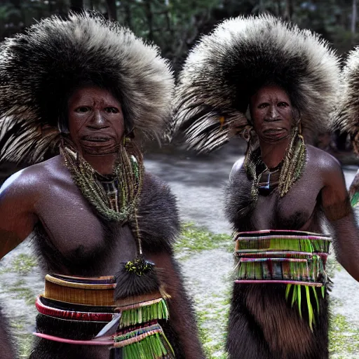 Image similar to detailed 4 k photorealistic papuan tribe walk in detailed new york