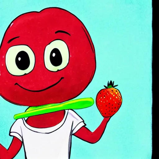 Prompt: a cute strawberry character with two front teeth, holding a yellow toothbrush, in the style of glen keane