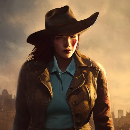 Image similar to fallout 5, charismatic beautiful, rugged, brunette female protagonist wearing a cowboy - hat, portrait, outdoors ruined cityscape, atmospheric lighting, painted, intricate, volumetric lighting, beautiful, spring, sharp focus, deep colours, ultra detailed, by leesha hannigan, ross tran, thierry doizon, kai carpenter, ignacio fernandez rios