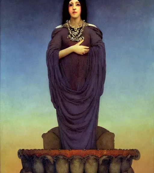 Image similar to an oil painting a queen with dark hair and white fair skin standing on a throne by maxfield parrish, highly detailed, realistic, realism, manierism, oil painting, wide shot