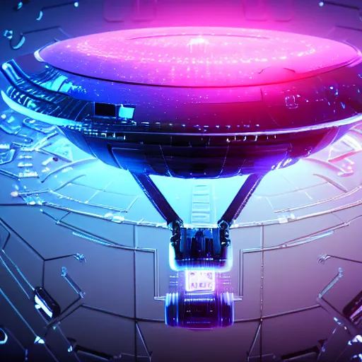 Prompt: ultra detailed photorealistic the c 4 d render ufo, galaxy, cinematic light, glossy, cybernetic machines, cyber punk, colorful, wires, robotics, futuristic decor, trending on artstation, global illumination, ultra realistic illustration, matte painting, high detailed, unreal engine, octane render, 4 k, hd, high quality