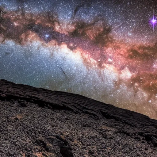 Prompt: Milky Way as seen in the night sky from spiky rock surface of an alien planet located in a different part of the galaxy, NASA true color 8k image, high detail