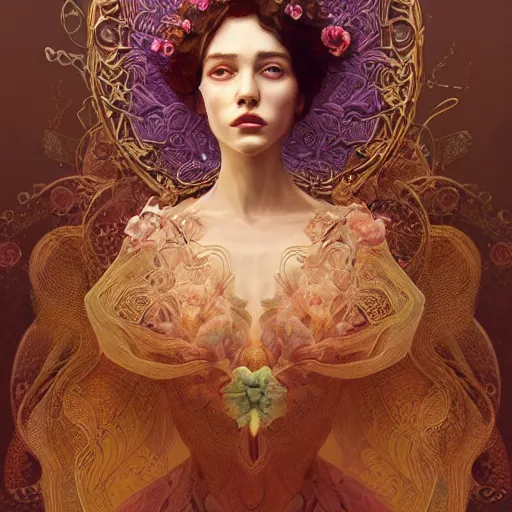 Prompt: beautiful sexy ethereal queen portrait, thereal queen portrait, art nouveau, fantasy, intricate flower designs, elegant, highly detailed, artwork by Sergey Kolesov, detailed, dynamic, cinematic composition, drawing blueprint