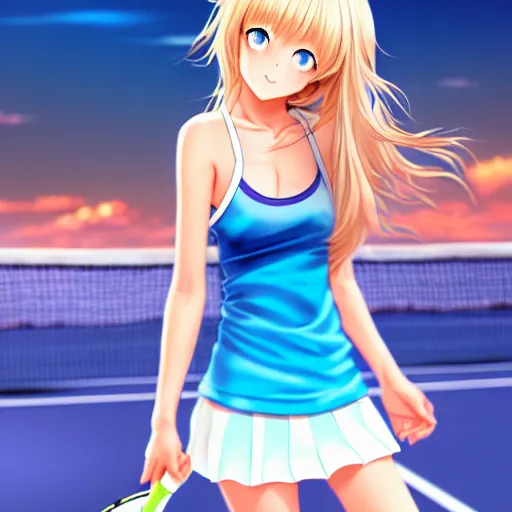 Image similar to a very beautiful young anime tennis girl, full body, long wavy blond hair, sky blue eyes, full round face, short smile, bikini, miniskirt, highly detailed, cinematic wallpaper by stanley artgerm lau