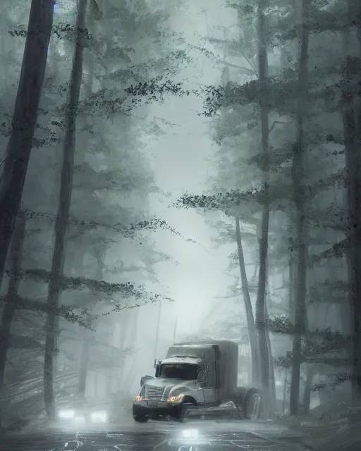 Image similar to a ford truck driving on a winding road through a ghostly, foggy, ominous, forest, faint outlines of ghosts. By Makoto Shinkai, Stanley Artgerm Lau, WLOP, Rossdraws, James Jean, Andrei Riabovitchev, Marc Simonetti, krenz cushart, Sakimichan, trending on ArtStation, digital art.