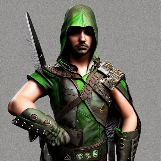 Image similar to photo of a cyberpunk robin hood warrior, highly detailed, 4k, HDR, award-winning photo