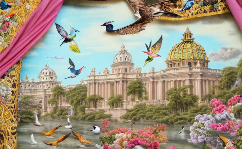 Image similar to building along a river, seen from the long distance, sharp focus. matte paper and hyperdetailed embroidery fabric collage. huge flamish baroque maximalist birds flying. highly detailed childrenbook illustration in soft natural pastel tones.