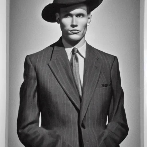 Image similar to A photograph portrait of Jerma985 wearing a suit with and fedora in the 1940s, taken in the early 1940s, grainy, taken on a 940s Kodak Camera, realistic, hyperrealistic, very realistic, highly detailed, very detailed, extremely detailed, detailed, digital art, trending on artstation