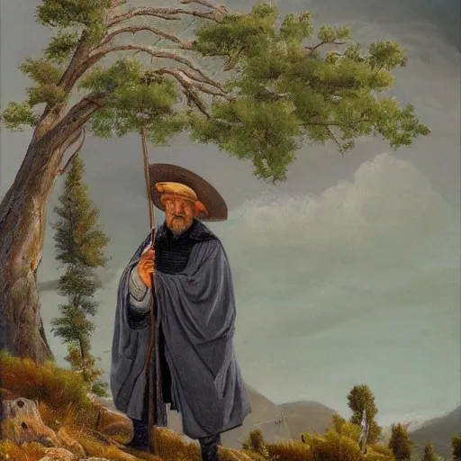 Image similar to a man in a grey cloak and brimmed hat with a staff travelling trough the mountains with trees, very detailed, colorful, oil painting, clouds, old man, alone, ravens