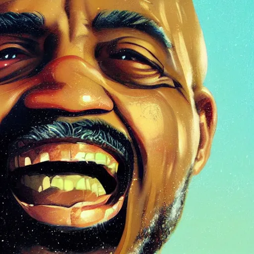 Image similar to old black man portrait, face smiling, golden teeth, flat background, greg rutkowski gta san andreas art