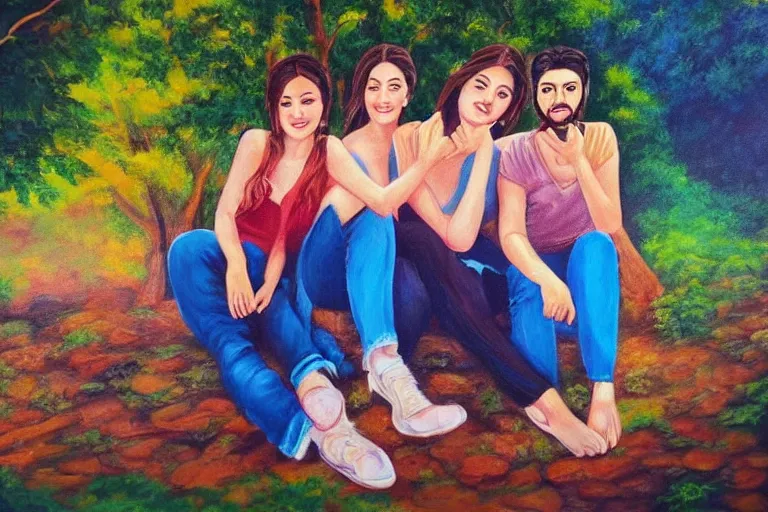 Image similar to beautiful painting of friends, beautiful faces, sitting on the edge, cute