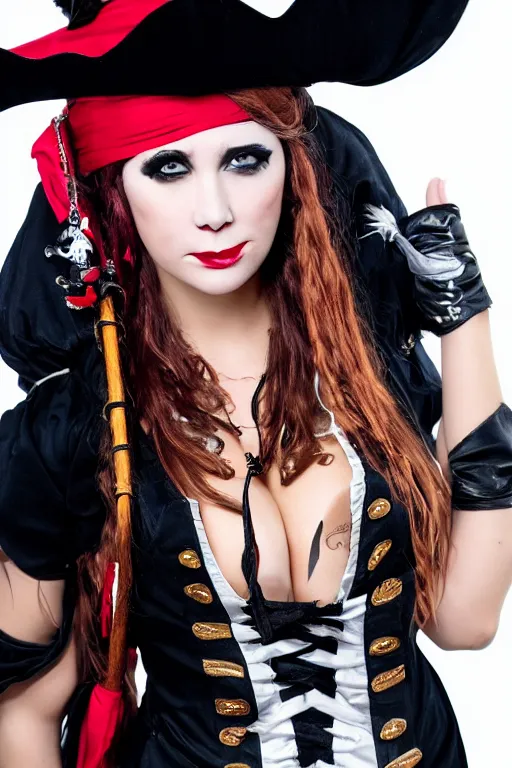 Prompt: close up headshot of a buxom pirate wench wearing a short skirt, Halloween, cosplay, beautiful gazing eyes, extremely beautiful face