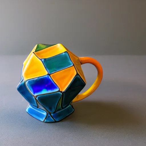 Image similar to brightly colored dodecahedron ceramic mug with iridescent glaze