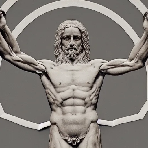 Image similar to Da Vinci's Vitruvian Man as a marble sculpture by Michelangelo, 4k, hyperrealistic, detailed, accurate anatomy, four legs, four arms, octane render, studio lighting