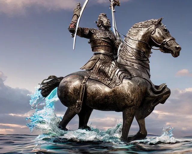 Image similar to a giant abstract sculpture of a great warrior on a horse on the ocean water, in the style of chad knight, award winning, cinematic, hyper - realistic, very detailed, realistic water splashes, ray tracing, 8 k resolution, long - shot, sharp focus, low angle, 8 5 mm photograph, wide lens