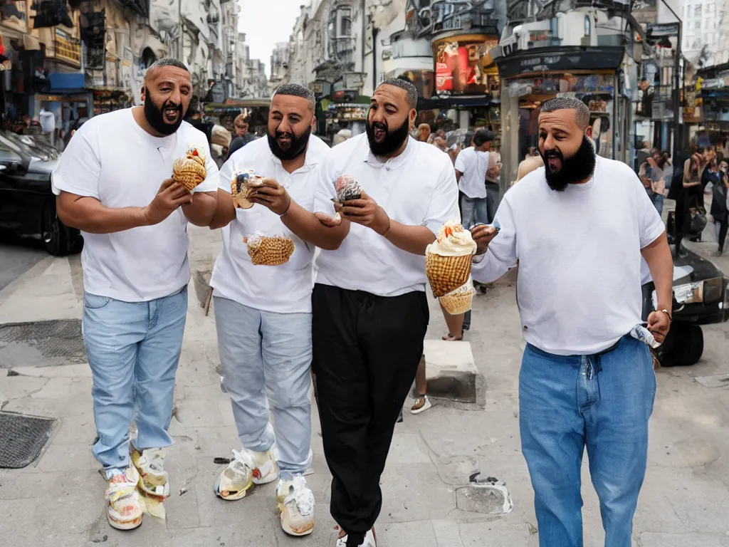 Image similar to Hide the pain Arnold and DJ Khaled licking ice cream in street while walking, 4K, photorealistic