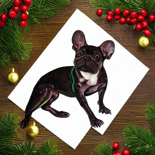 Image similar to christmas card, frug dog black infront of leg, high beauty vine, artstation, ample lighting, flower mosaic, dna, intense fantasy