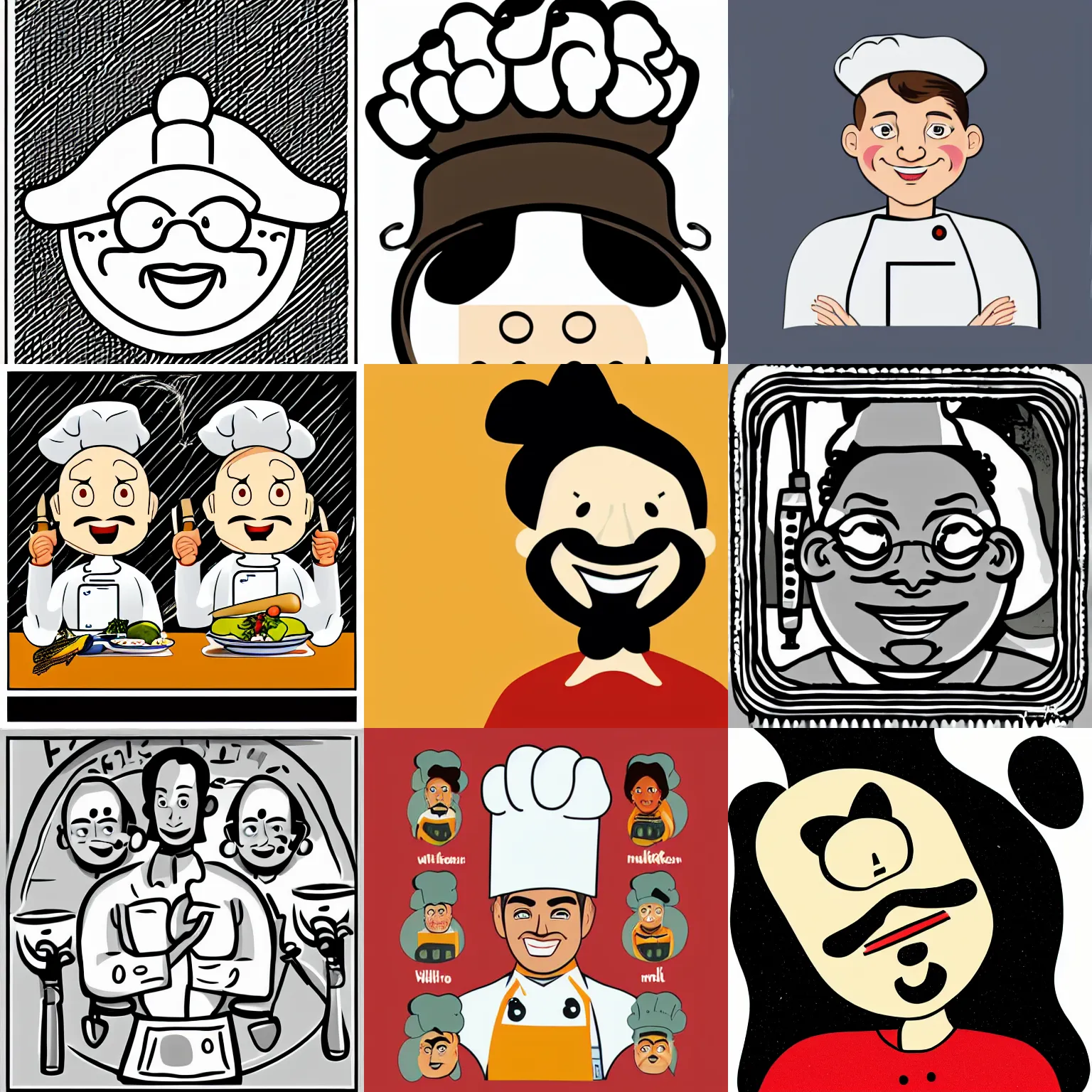 Prompt: portrait of a cook or chef looking at the camera, cartoon, digital art, symmetrical face, smiling face happy