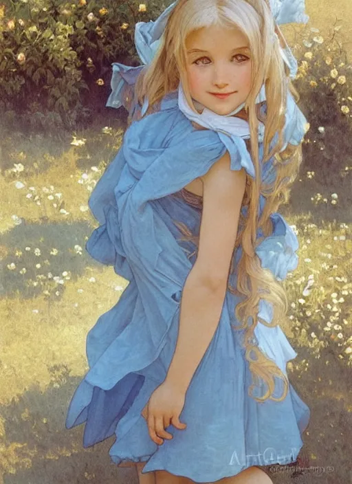 Prompt: a cute little girl with long golden blonde hair wearing a sky blue summer dress smiles in the square of a french village, beautiful painting by artgerm and greg rutkowski and alphonse mucha