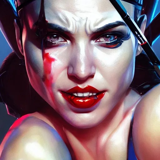 Image similar to a close up face of gal gadot as Harley Quinn, by Stanley Artgerm Lau, WLOP, Rossdraws, James Jean, Andrei Riabovitchev, Marc Simonetti, Yoshitaka Amano, ArtStation, CGSociety, Full body shot