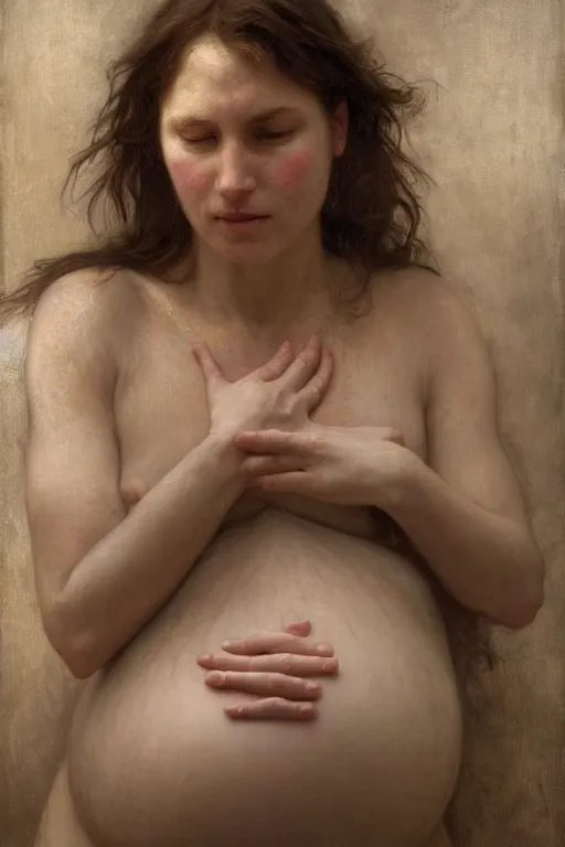 Image similar to pregnant woman in dystopia by Alyssa Monks, Bouguereau. Hyper realism, realistic proportions, dramatic lighting, high detail 4k