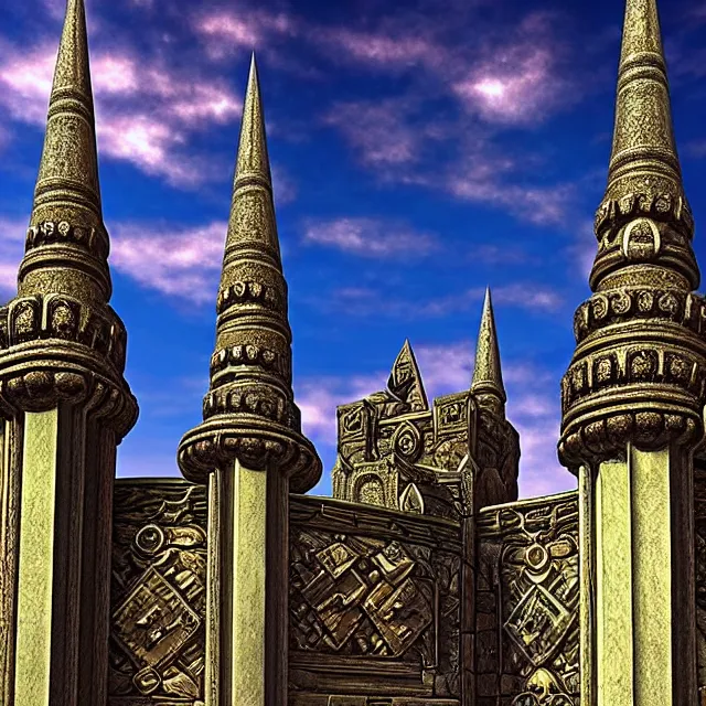 Prompt: beautiful!! castle temple anne stokes highly detailed 8 k hdr smooth sharp focus high resolution award - winning photo photorealistic chrome reflect