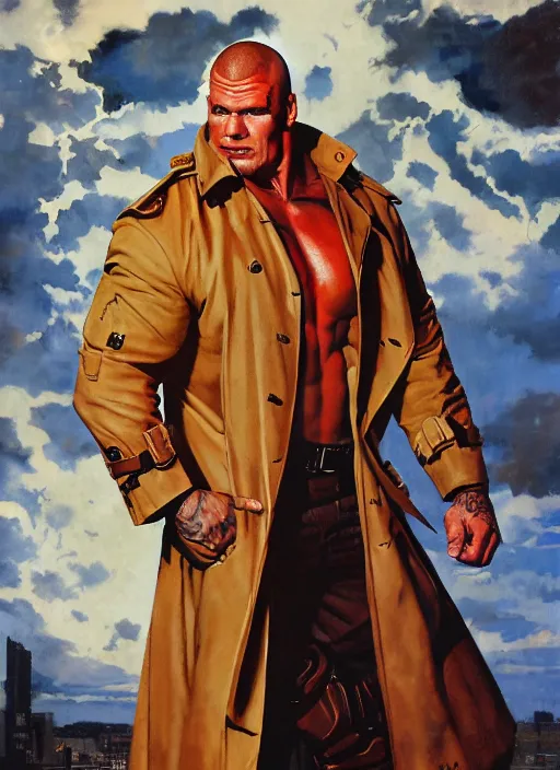 Image similar to full body and head portrait of hulking martyn ford wearing a trench coat as juggernaut, dynamic action painted by norman rockwell and phil hale and greg staples and tom lovell and frank schoonover and jack kirby