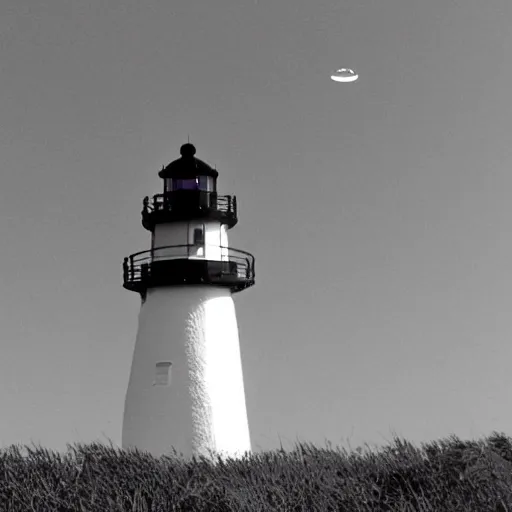 Prompt: a ufo above the ocracoke lighthouse photo