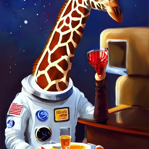 Image similar to a giraffe dressed like an astronaut drinking tea with queen isabel, trending on artstation, art by greg manchess, guangjian, detailed digital art, artstation hd