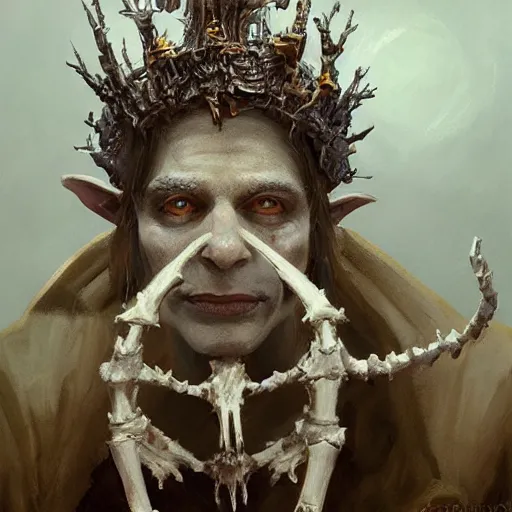 Image similar to Oil painting of the goblin king, wearing a crown made of bones, portrait, D&D, Magic The Gathering, by Craig Mullins, Nekro, Victo Ngai, centered, symmetrical, volumetric lighting