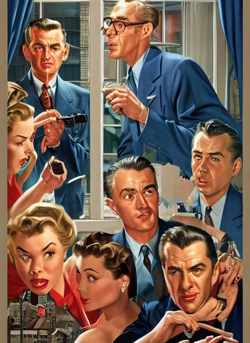 Image similar to rear window ( 1 9 5 4 ) poster, highly detailed, centered, digital painting, artstation, concept art, movie poster, smooth, sharp focus, illustration, artgerm, donato giancola, joseph christian leyendecker, les edwards, ed repka, basil gogos, wlop